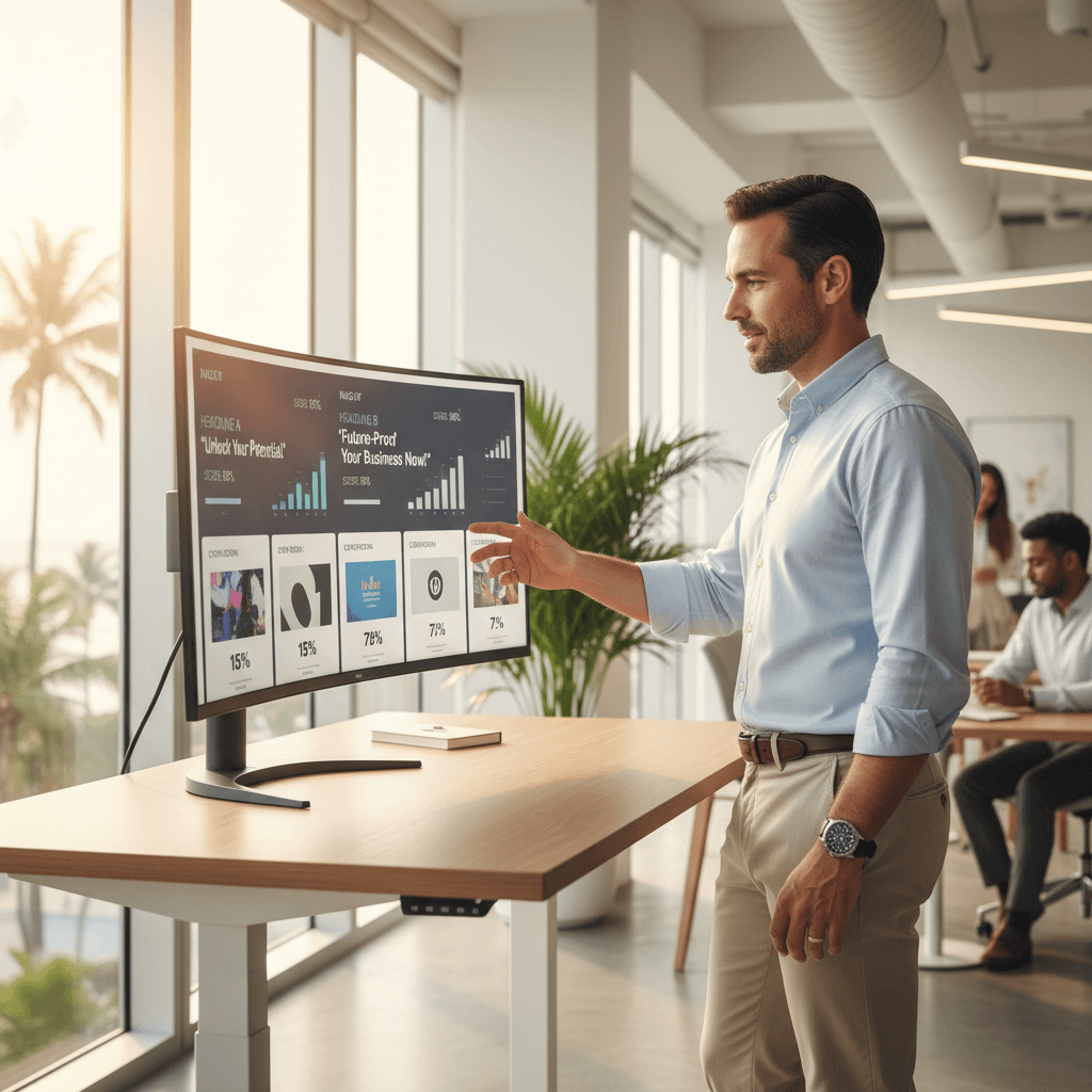 Marketing professional reviewing AI-generated ad copy and creative variations