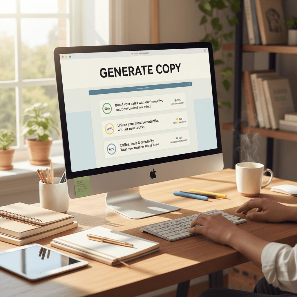 AI copywriting tool showing multiple ad copy variations and performance ratings