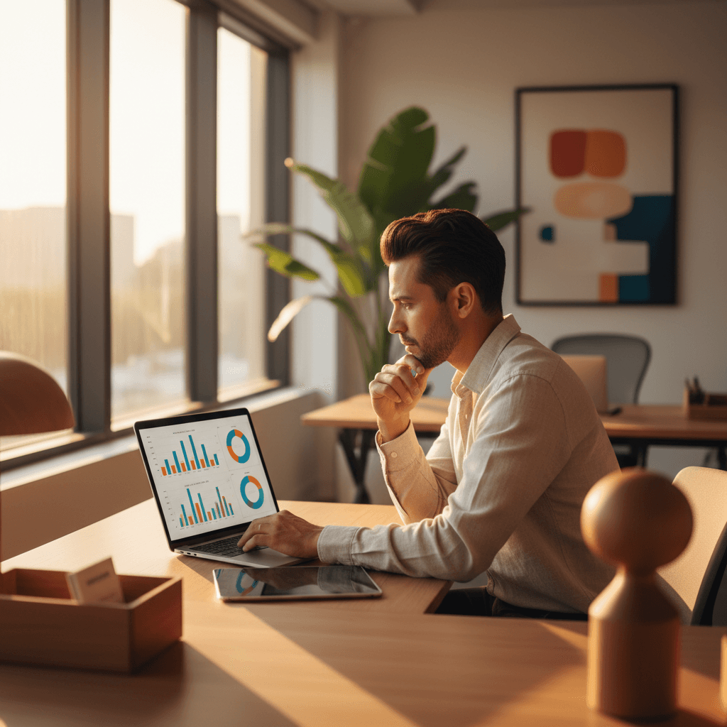 Entrepreneur analyzing AI marketing data on laptop