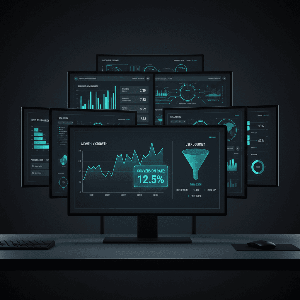 Multiple analytics dashboards showing campaign metrics