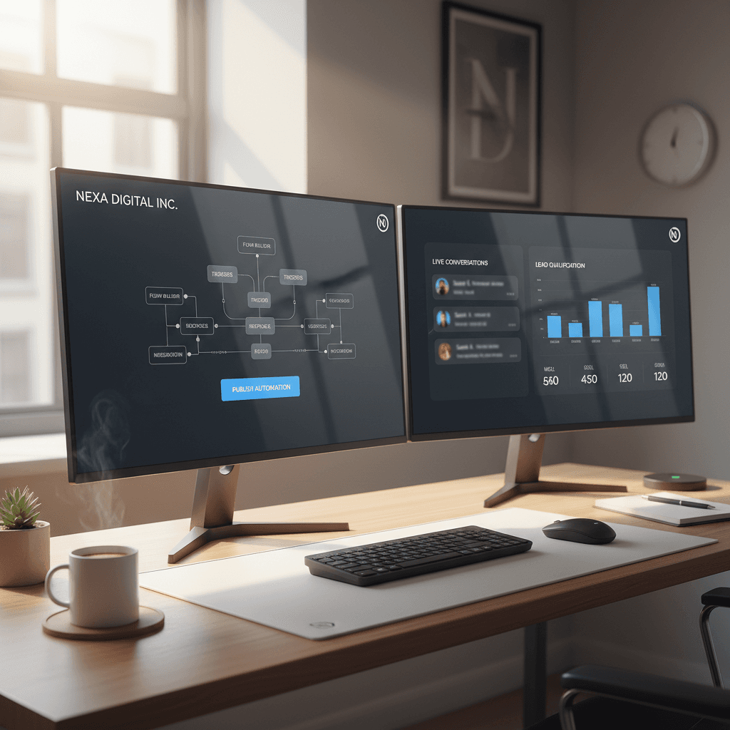 Dual monitors showing AI chatbot builder and live customer conversations