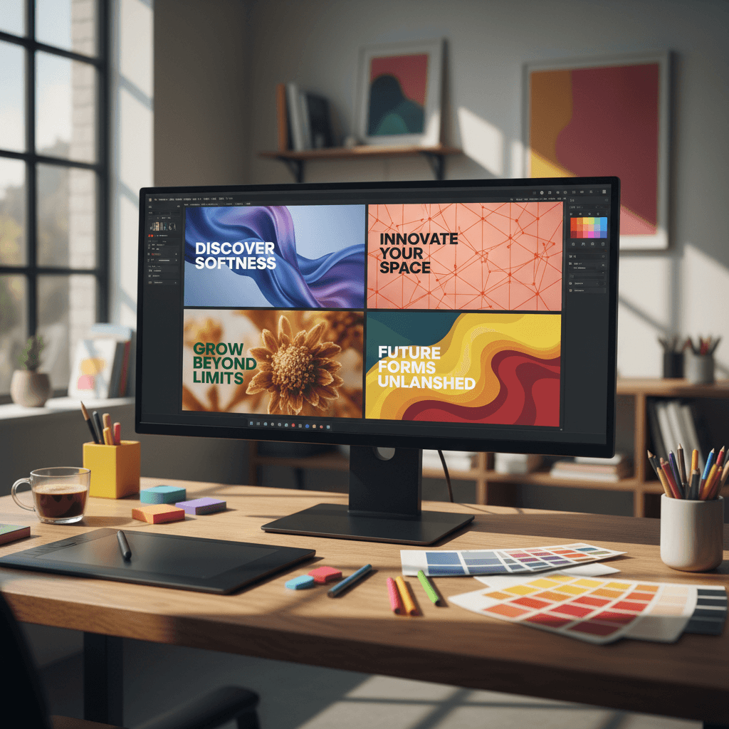 AI-generated ad variations on designer monitor