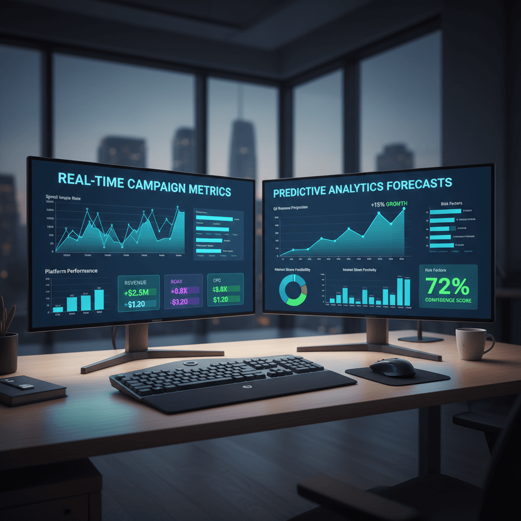 Dual-monitor analytics dashboard displaying campaign metrics and predictive forecasts