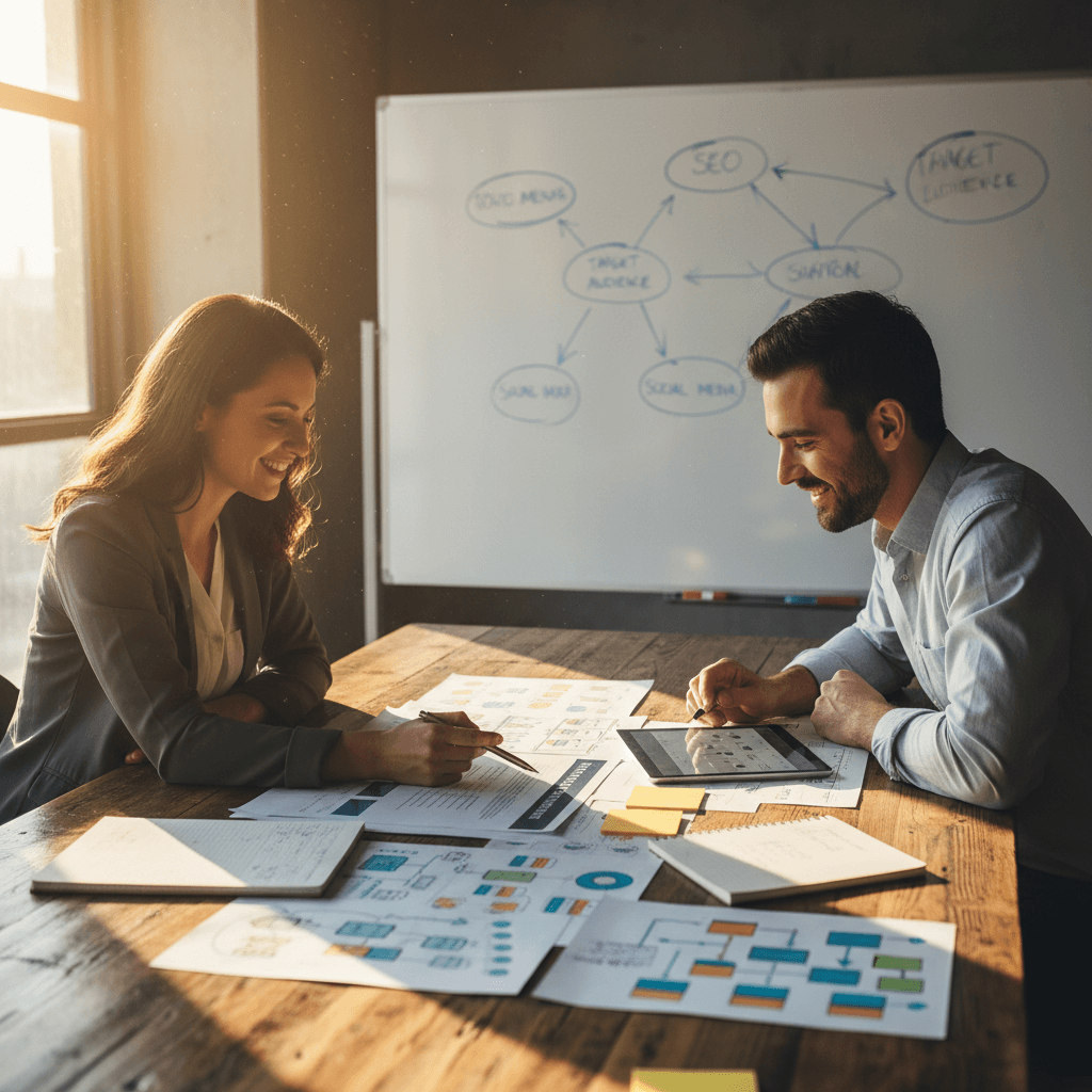 Strategic consultation session with marketing professionals discussing growth plans