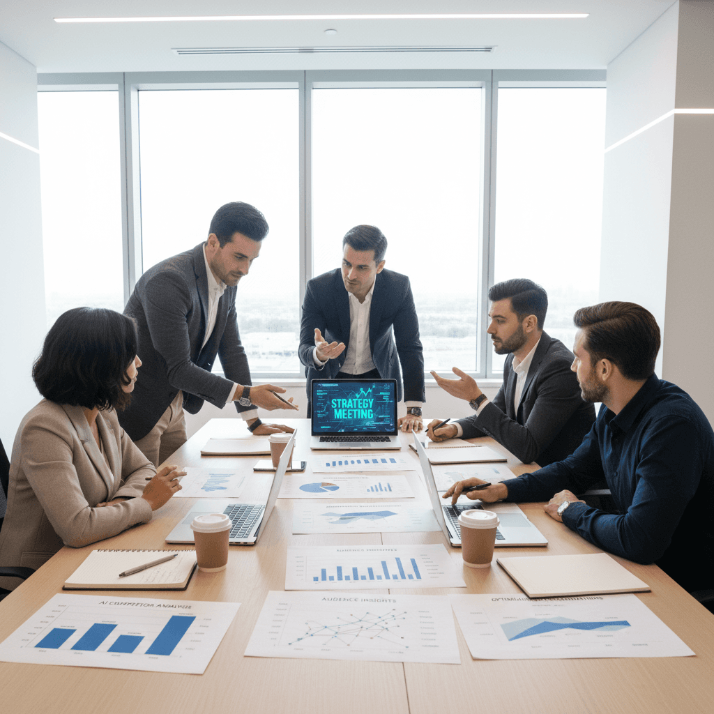 Team reviewing AI competitor analysis and campaign optimization reports