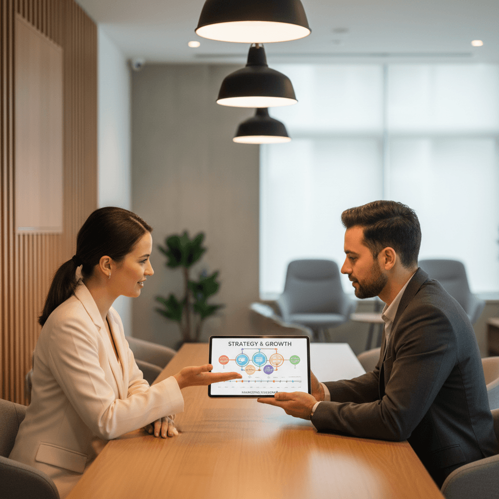 Strategy consultation between marketing expert and client